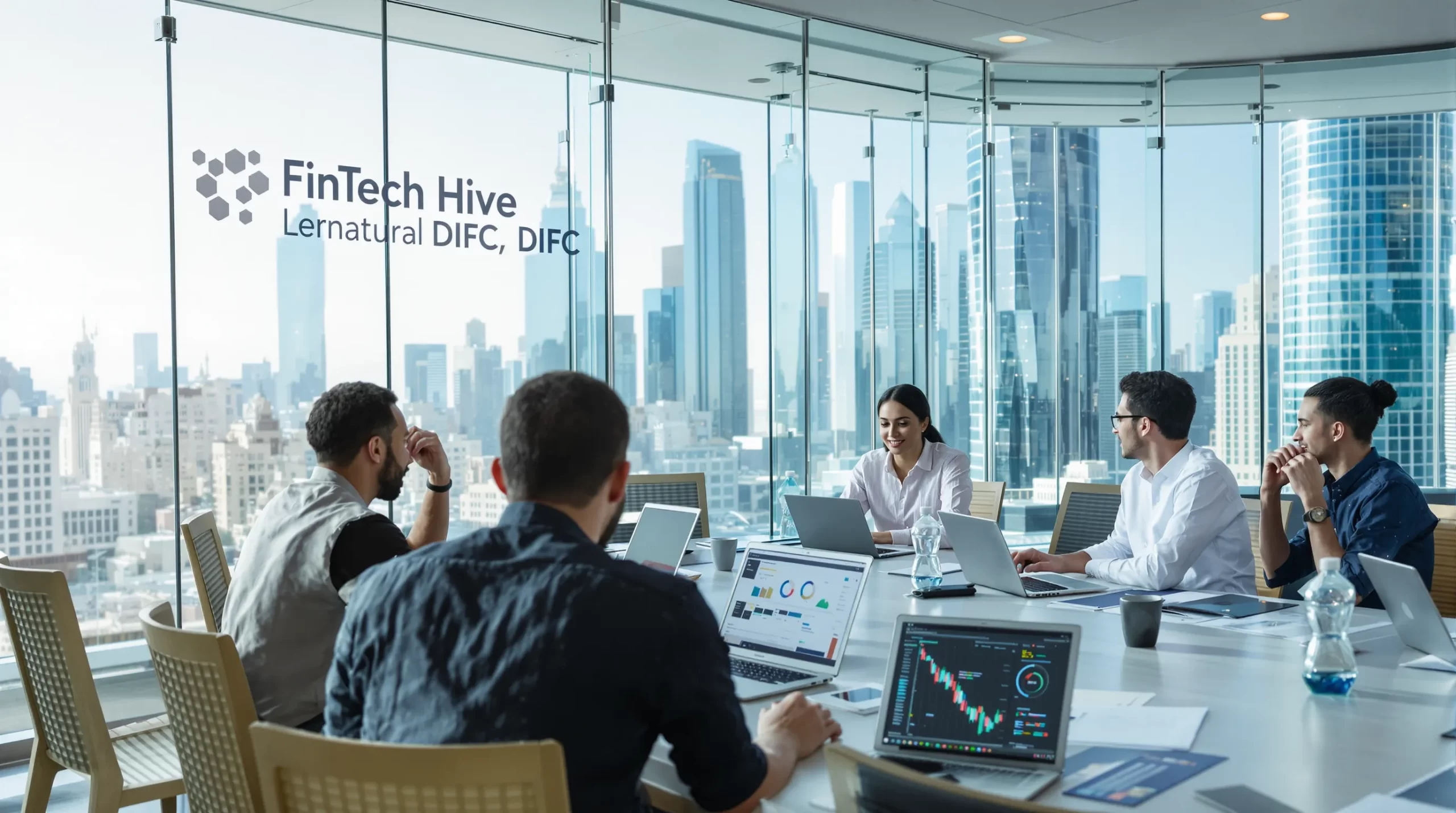 A team of multicultural fintech developers collaborating around laptops displaying code and financial dashboards inside a modern glass meeting room labelled “FinTech Hive, DIFC”.
