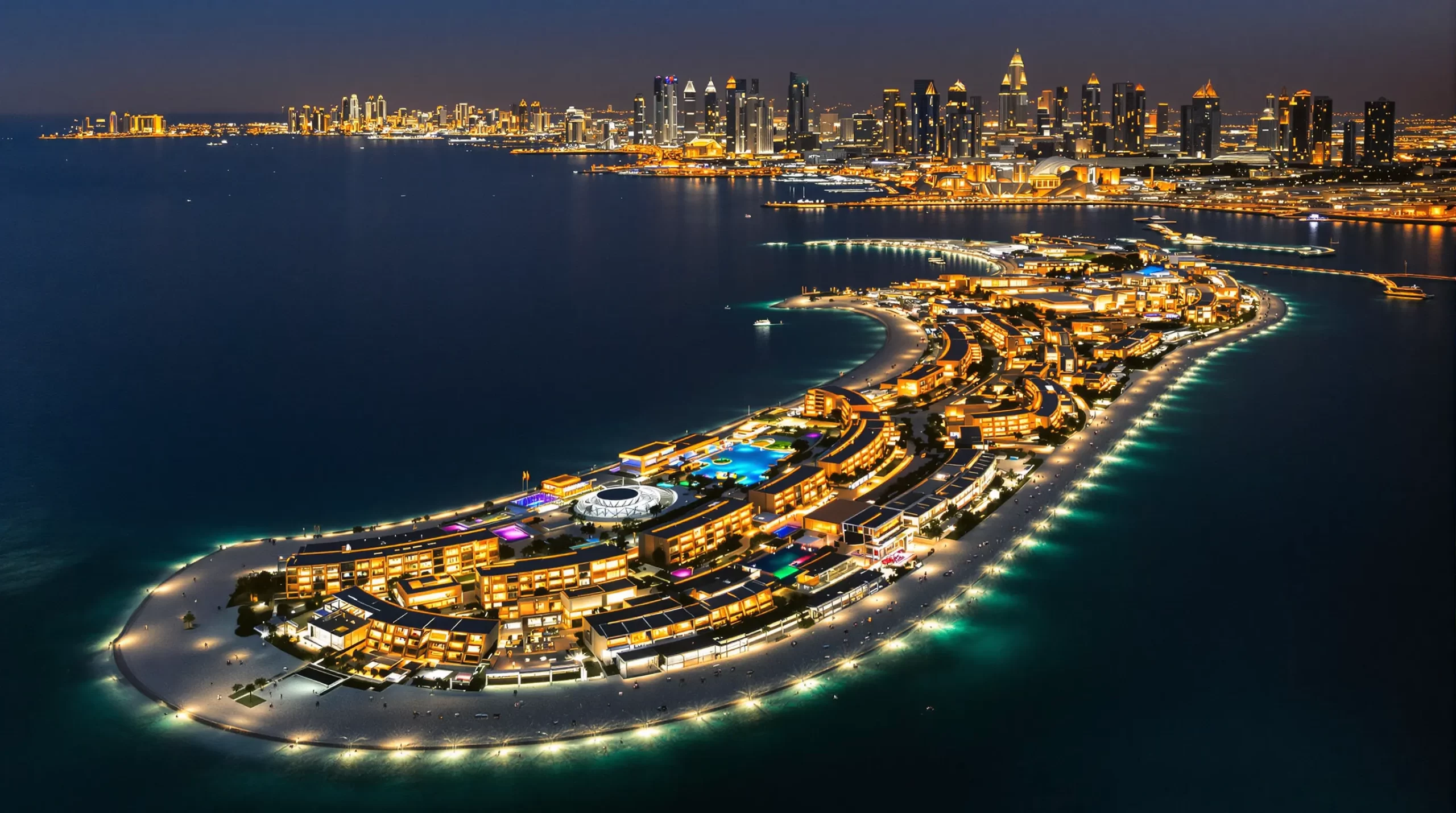 An aerial evening view of Palm Jumeirah showing illuminated beachfront villas and apartment towers with the Dubai skyline in the background.