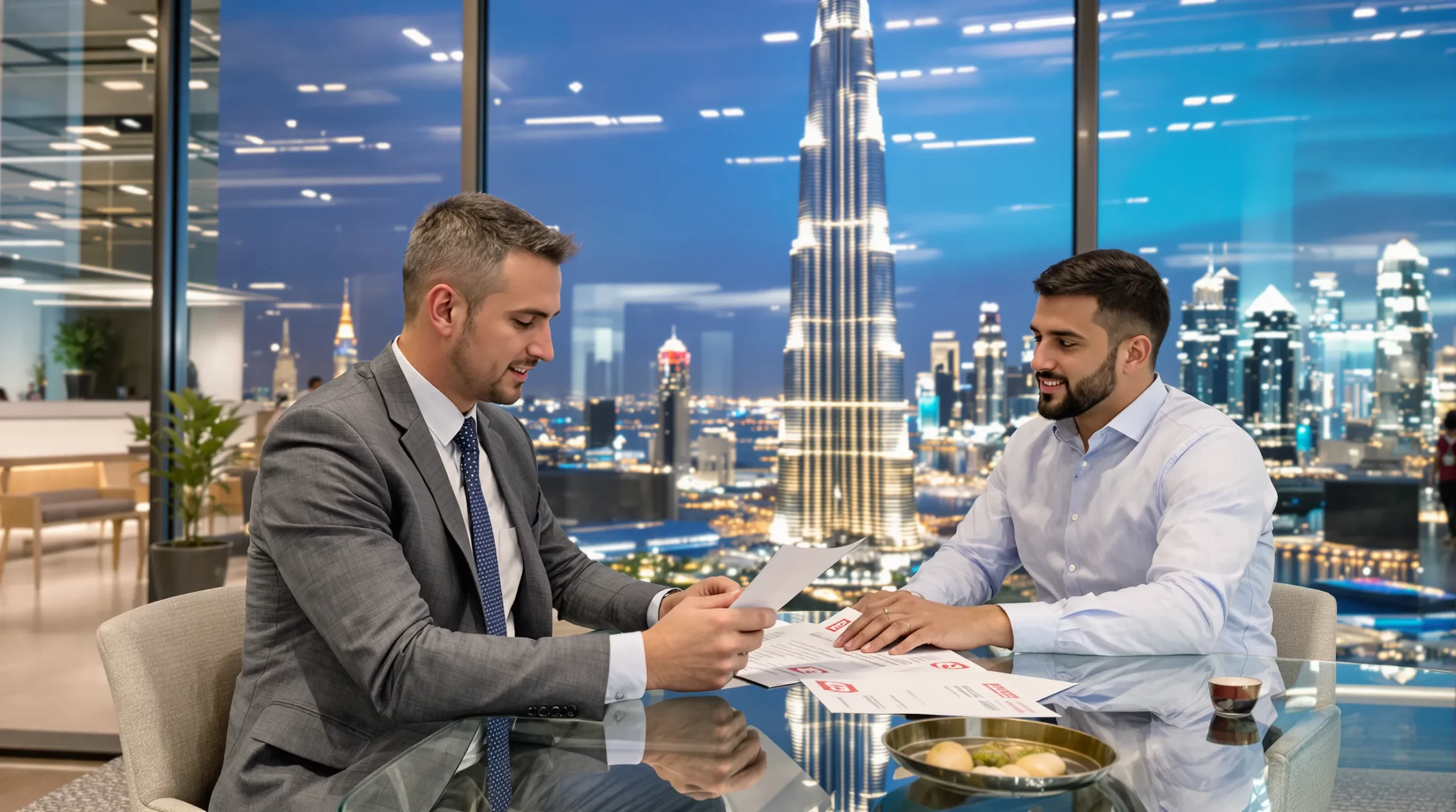 An Australian tech founder in a modern Dubai co-working space, sitting across the table from a new employee while reviewing stamped visa application forms. The Burj Khalifa skyline is visible through the window in the background.