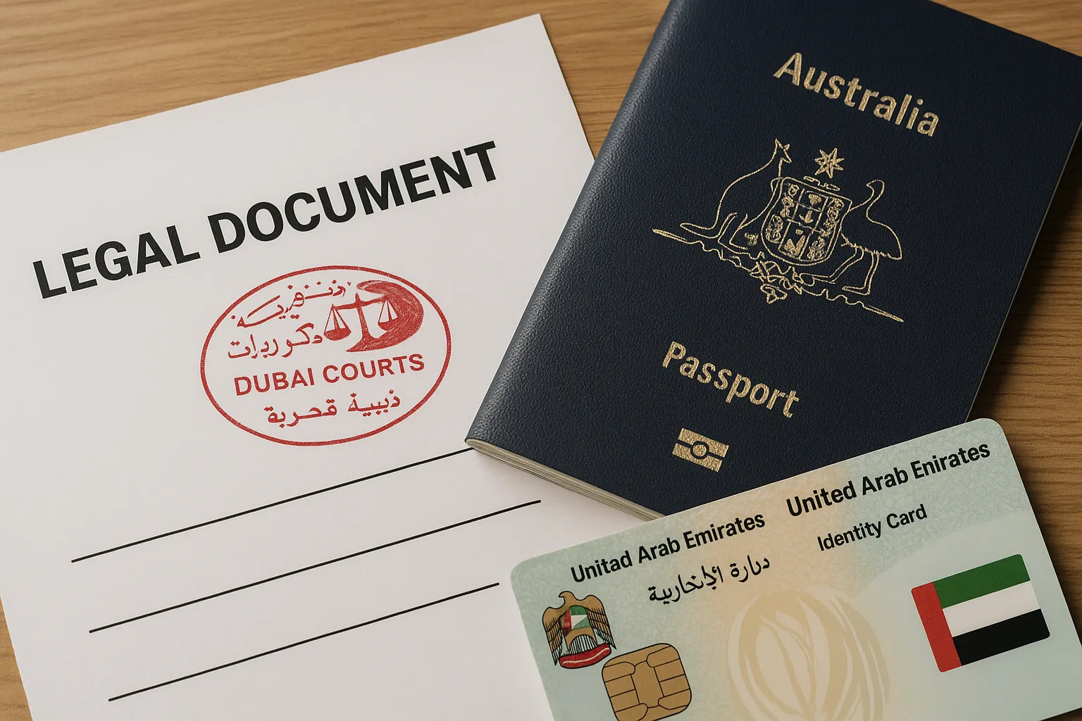 Close-up of a legal document stamped by Dubai Courts alongside an Australian passport and a UAE Emirates ID card, symbolising dual compliance.