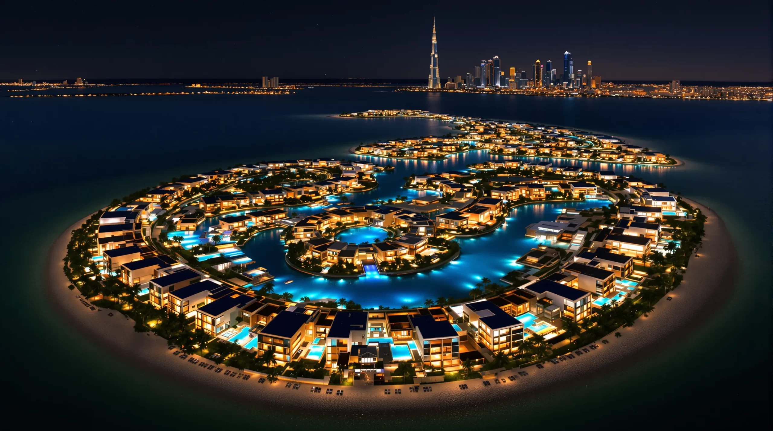 Evening aerial view of a palm-shaped Dubai island dotted with modern beachfront villas, private pools shimmering under warm lights, and the downtown skyline visible on the horizon.