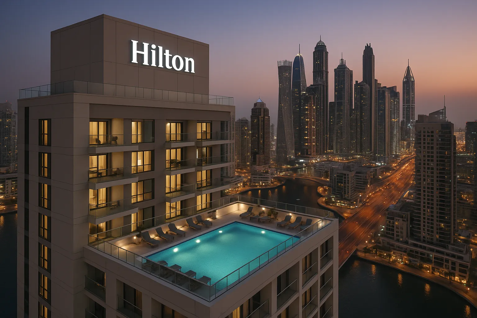 High-rise tower with a rooftop pool, sign bearing a recognisable global hotel brand, and individual balconies hinting at residential ownership. The evening skyline of Dubai Marina glows in the background.
