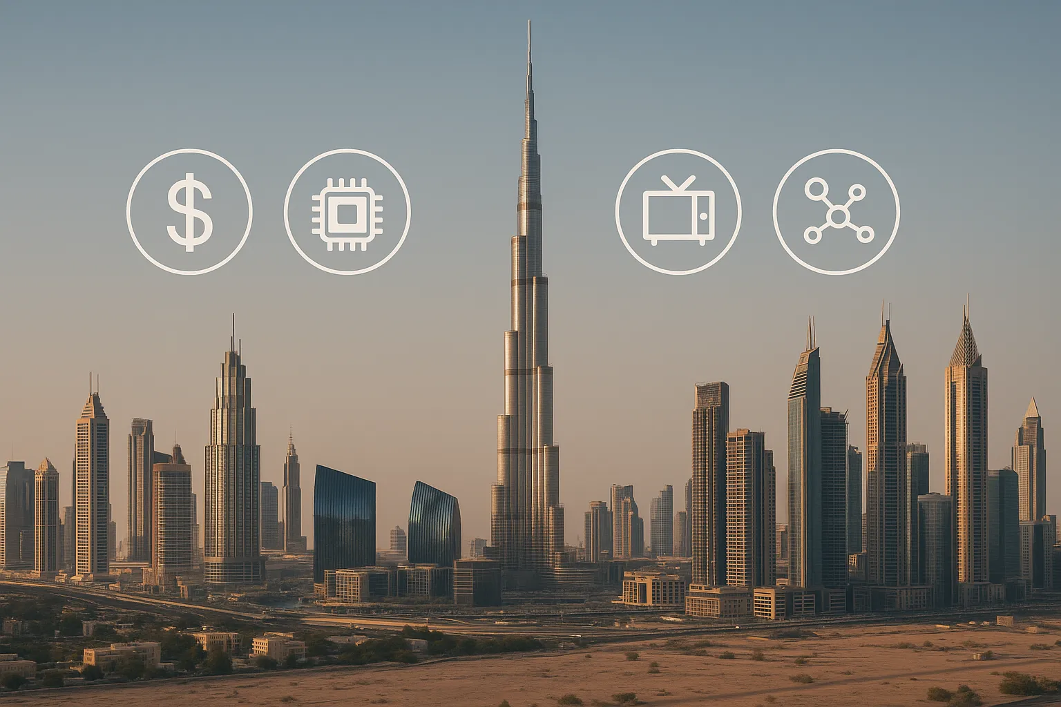 Illustration showing a skyline of Dubai’s major free-zone clusters with icons for finance, tech, logistics, media, life-science and e-commerce.