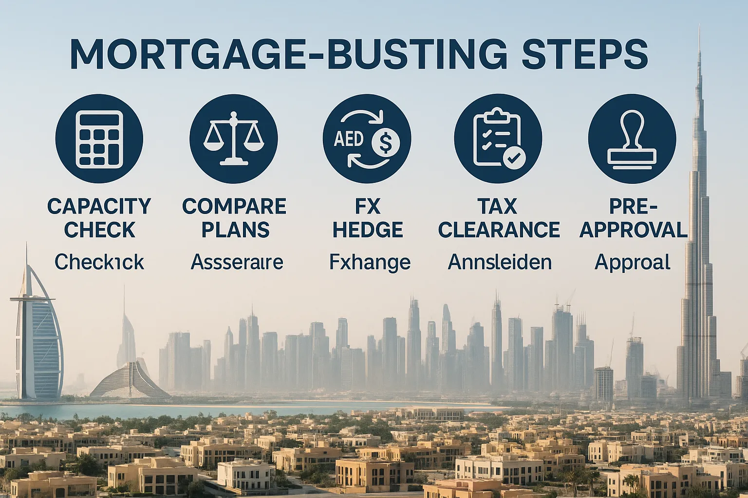 Infographic summarising the five mortgage-busting steps: capacity check, compare plans, FX hedge, tax clearance, pre-approval. Modern icons of calculator, scales, currency arrows, clipboard and stamp appear around a Dubai skyline backdrop.