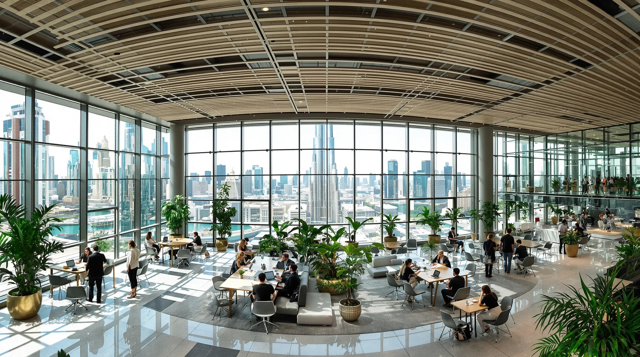 Panoramic view of the DIFC Innovation Hub atrium filled with co-working spaces, greenery and international entrepreneurs discussing in small groups, with the Burj Khalifa visible through floor-to-ceiling windows.