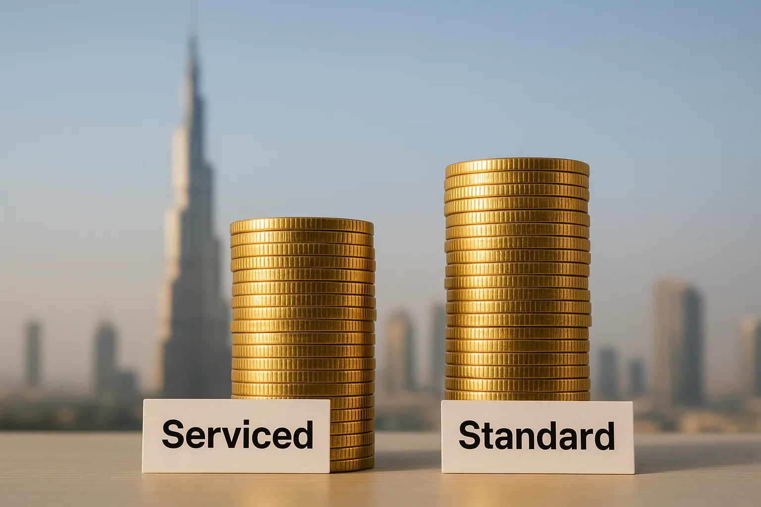 Side-by-side graphic: two stacks of gold coins. One labeled “Serviced” marginally taller than the one labeled “Standard”, illustrating the moderate yield premium. Background shows iconic Burj Khalifa silhouette.