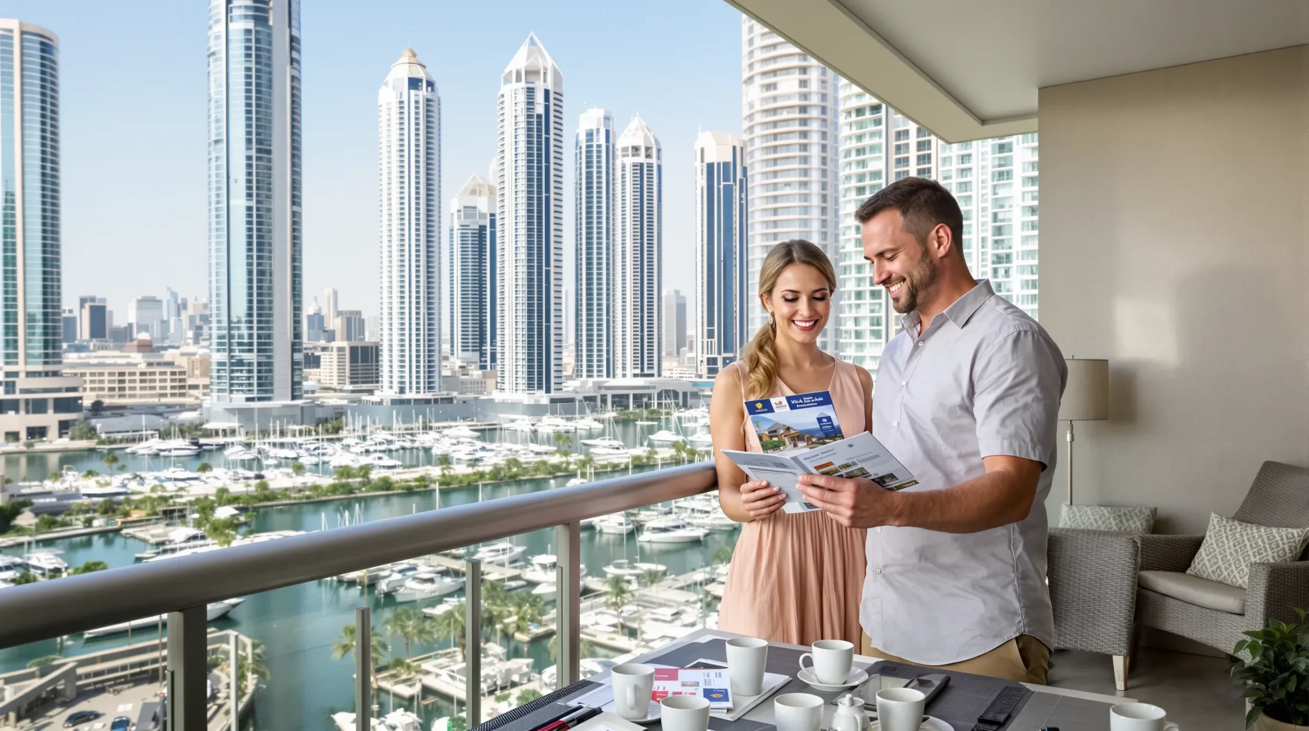 Smiling Australian couple overlook the Dubai Marina skyline while comparing visa documents and property brochures on a balcony table filled with coffee cups.
