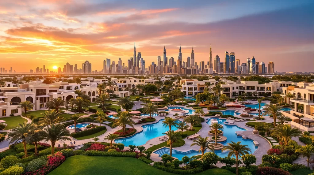 http://Aerial%20view%20of%20a%20modern%20Dubai%20villa%20community%20with%20lush%20landscaping,%20swimming%20pools%20and%20skyline%20backdrop%20at%20sunset.