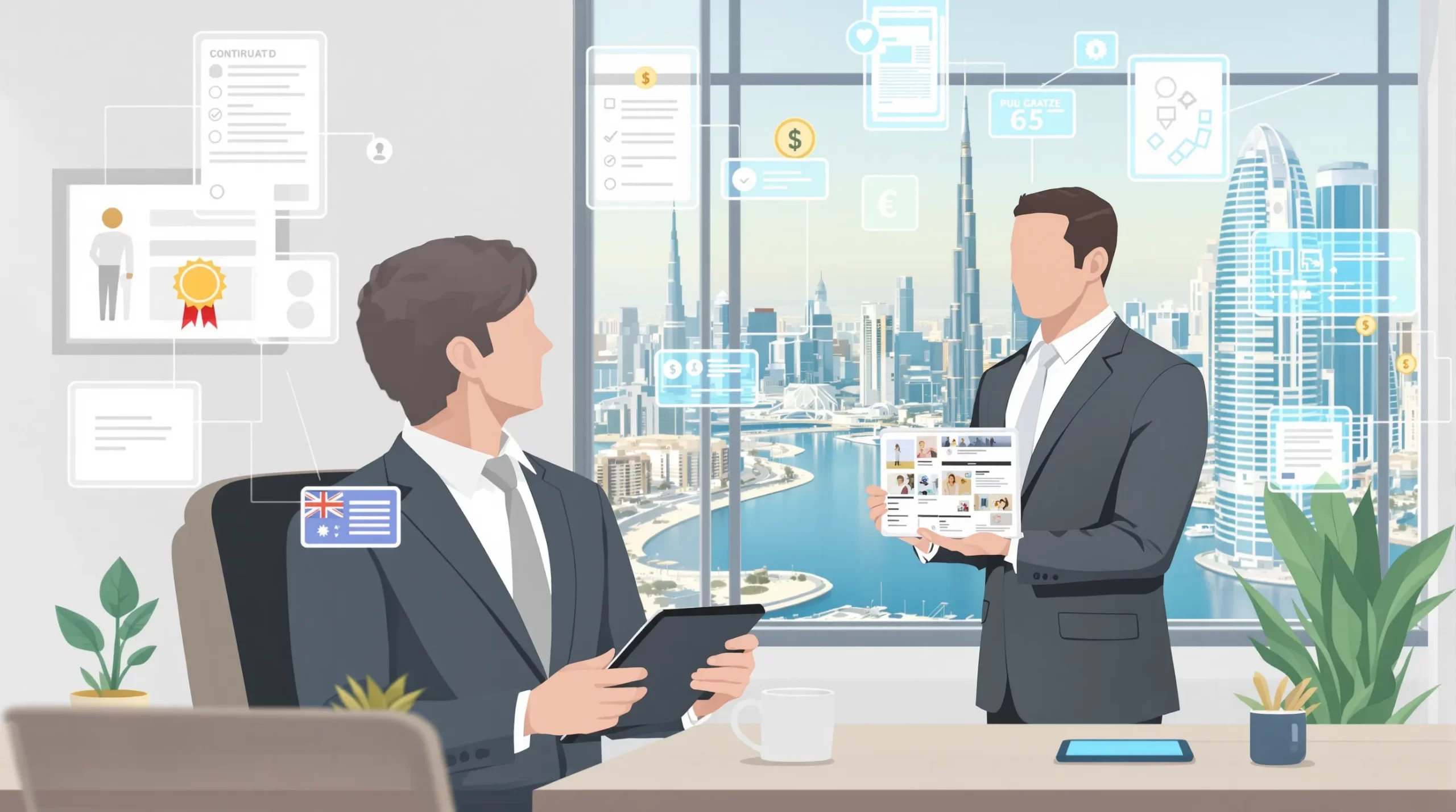 Stylised illustration of an Australian investor video-calling a Dubai real-estate broker who is standing in front of the city skyline while documents and currency symbols are overlaid, representing the remote sale process.