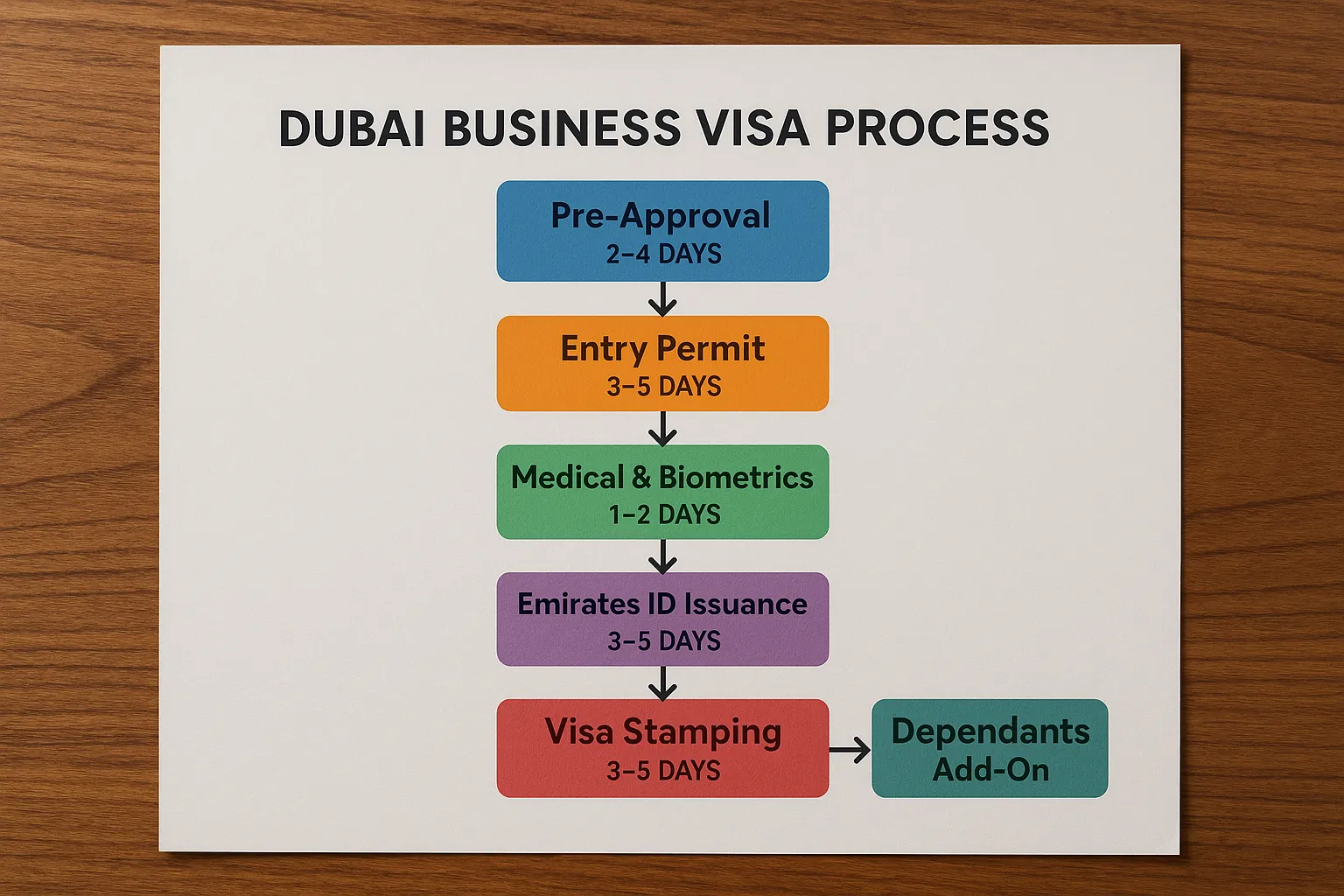 A concise flowchart visualising the Dubai business-visa process: pre-approval, entry permit, medical & biometrics, Emirates ID issuance, visa stamping and dependants add-on. Each step is colour-coded with average timelines in days.